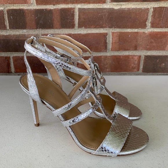 MICHAEL Michael Kors Silver Snake Open Toe Strappy Heeled Sandals Women's US 6M - Picture 1 of 7